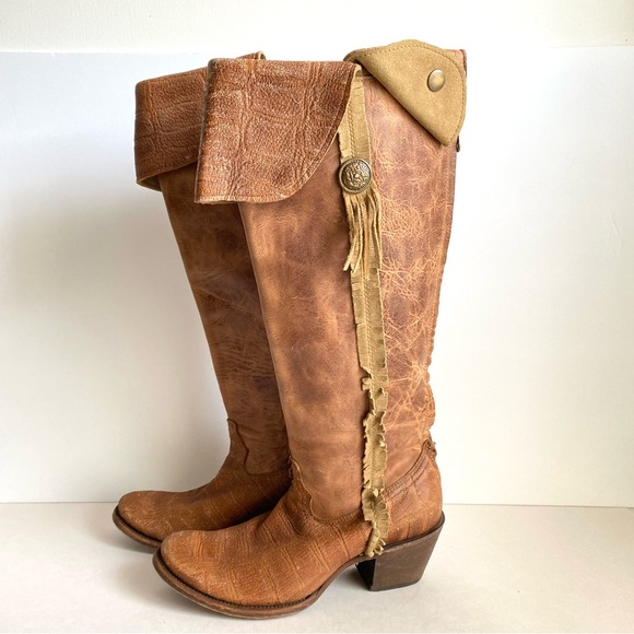 Corral Tall Boots Indie Bohemian Boho Chic Western Fringe Brown Leather 7.5 - Picture 2 of 16